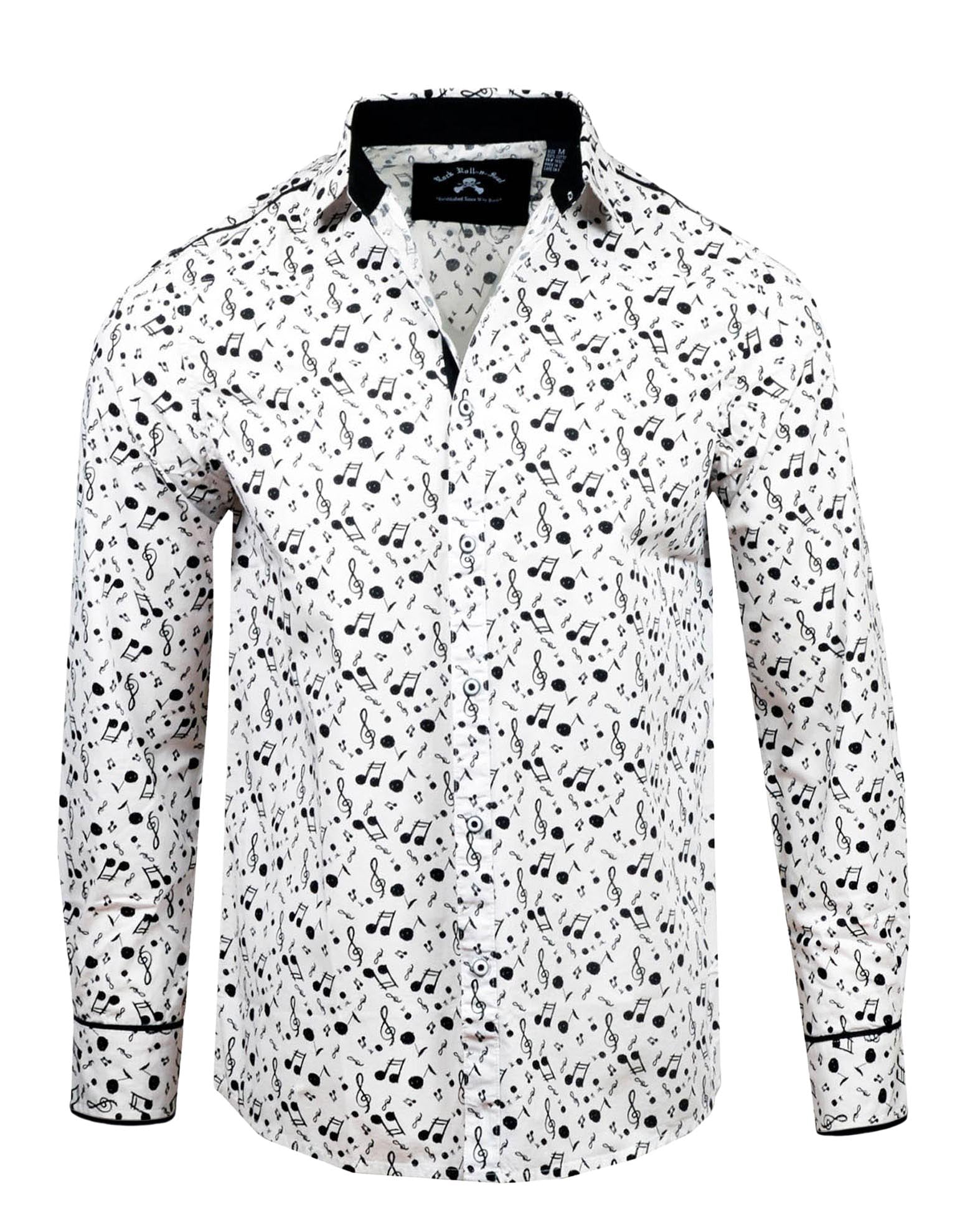 Men's LS Button Up Fashion Shirt | Music Notes by Rock Roll N Soul S / White