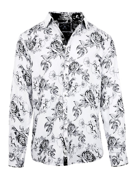 Men's LS Floral Shirt | English Rose in White by Rock Roll n