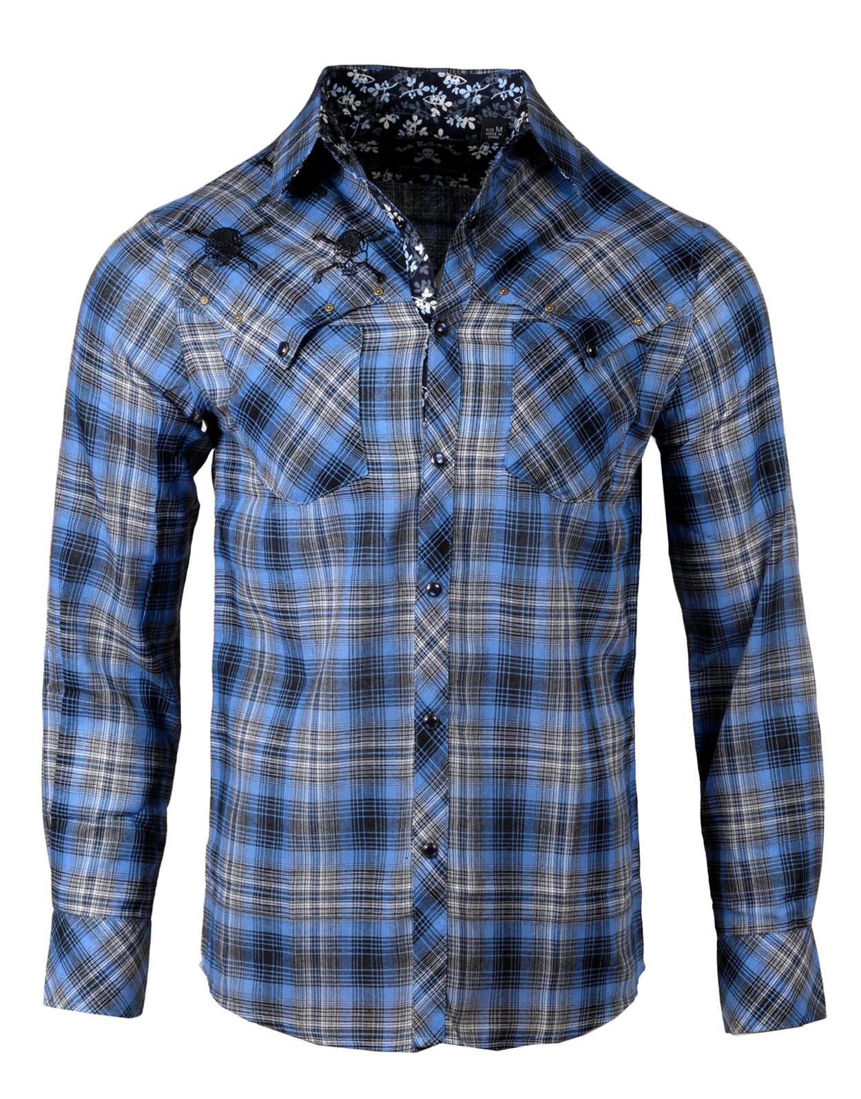 Men's Button up Plaid Shirt | Blue on Black by Rock Roll n Soul