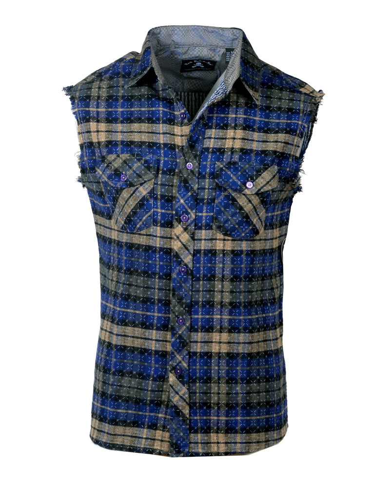 Men's Casual Fashion Button Up Sleeveless Shirt - Wildside in Navy by Rock Roll n Soul