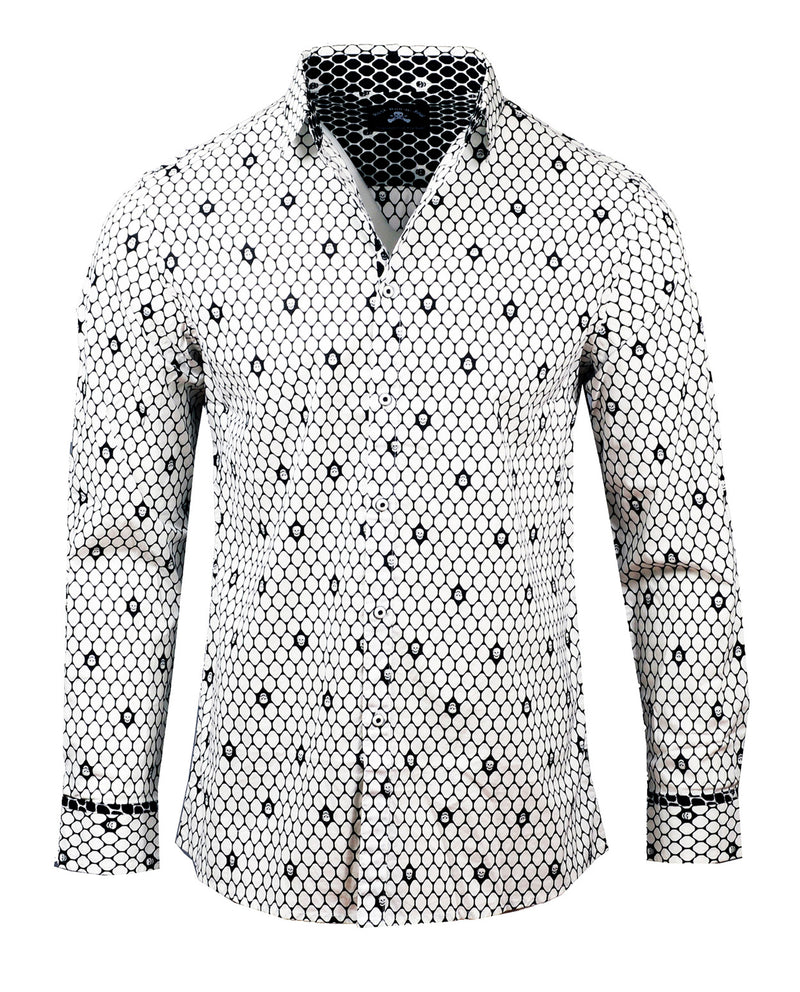 Men's Casual Fashion Button Up Shirt - Overkill White Skull by Rock Roll n Soul