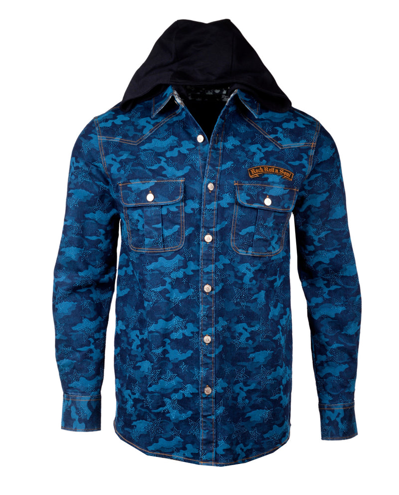 Men's Casual Fashion Button Up Shirt/Jacket - The Jean Genie with removable hood  in Denim by Rock Roll n Soul2
